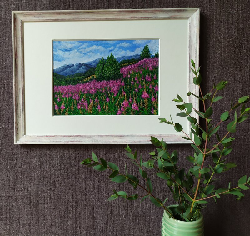 盛开的阿尔泰山。一片生机勃勃的紫色柳兰田。一件独一无二的艺术 - 墙贴/壁贴 - 压克力 多色