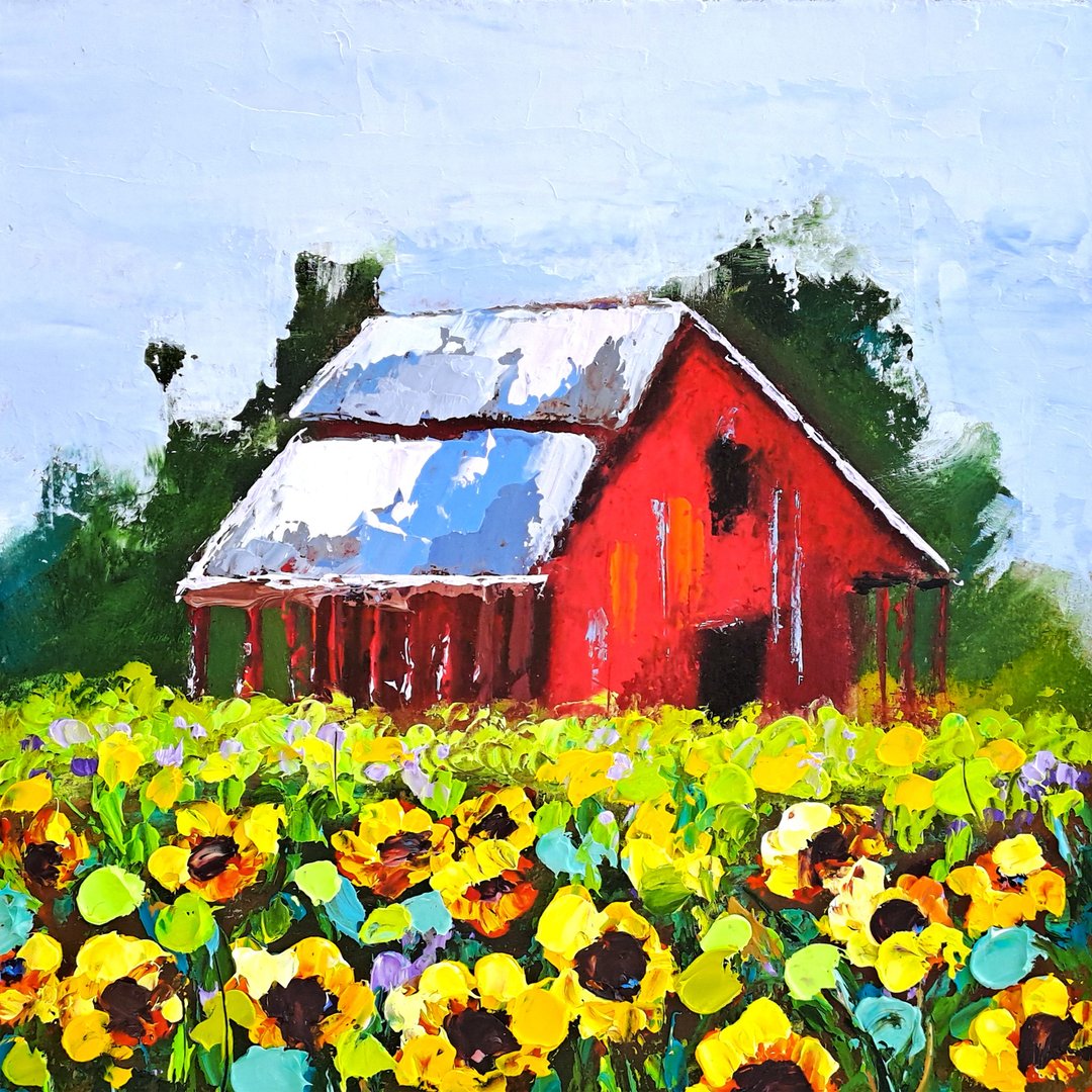 Sunflowers Painting Texas Original Art Red Barn Oil Painting Flowers Small Art - 海报/装饰画/版画 - 其他材质 多色