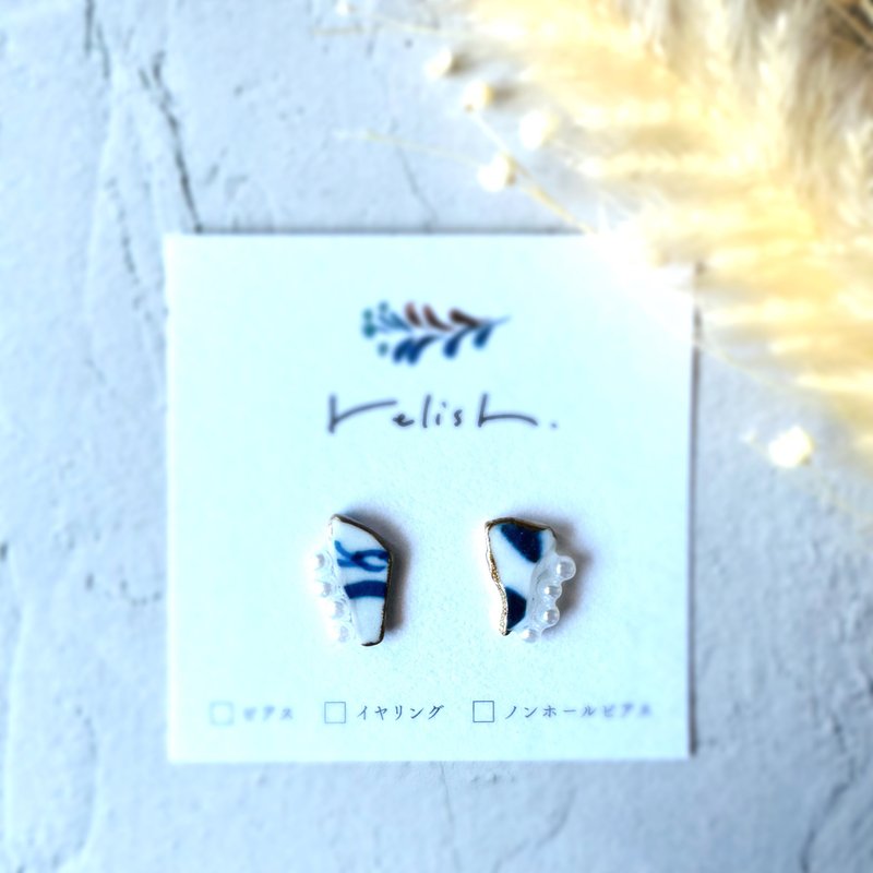 流行设计海陶珍珠金继线耳针夹式 - 耳环/耳夹 - 陶 蓝色