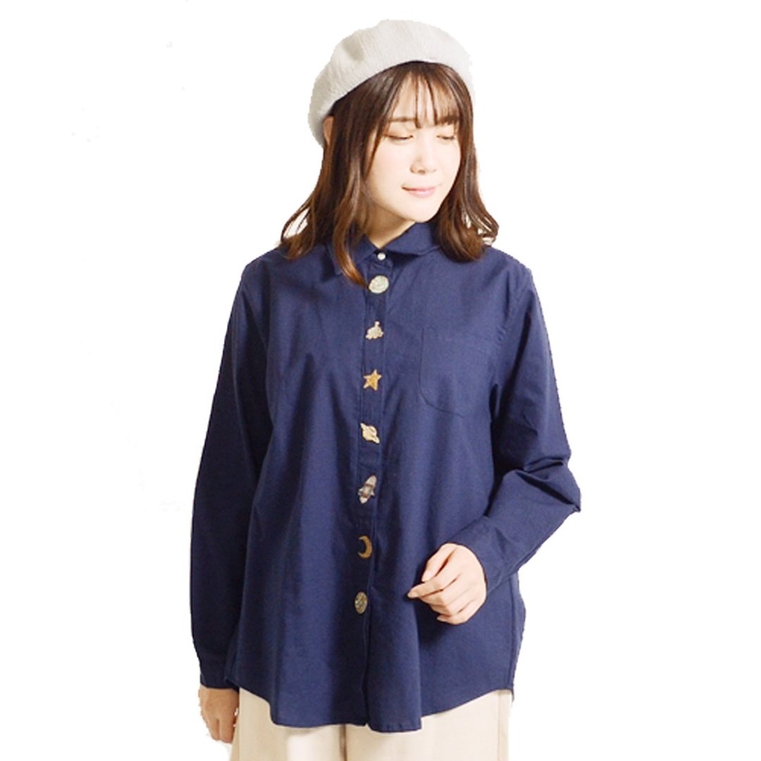Space pattern embroidered long-sleeved shirt blouse - 女装衬衫 - 棉 蓝色