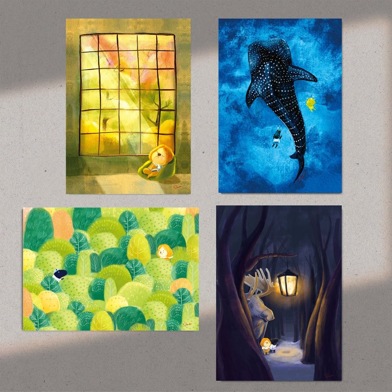 四季明信片4张/组 鲸鱼 马来貘 狮子 糜鹿 - 卡片/明信片 - 纸 