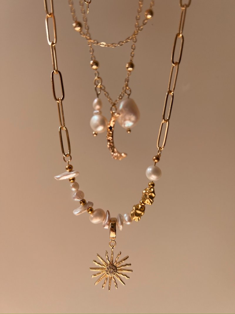 欧美天然巴洛克淡水珍珠太阳吊坠项链|礼物 赠情人节包装 卡片 - 项链 - 珍珠 金色