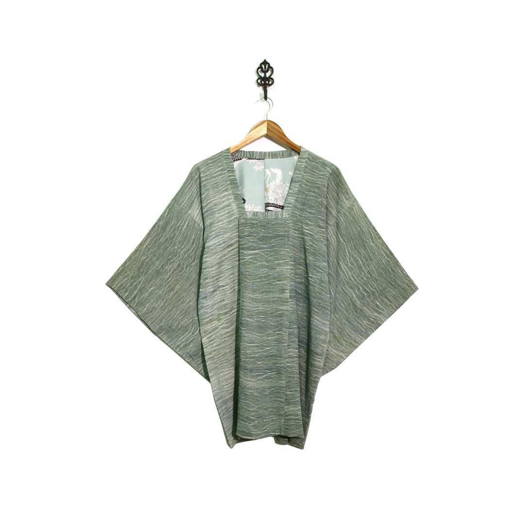 Back to Green::日本带回和服道行 正红黑 青瓷绿 细致纹理 vintage kimono (KD-26) - 女装休闲/机能外套 - 丝．绢 绿色