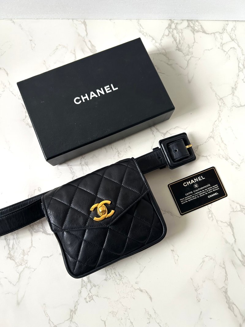 稀有中古二手Chanel黑色旋转金扣单肩腋下小包腰带侧背斜背手袋 - 侧背包/斜挎包 - 真皮 黑色