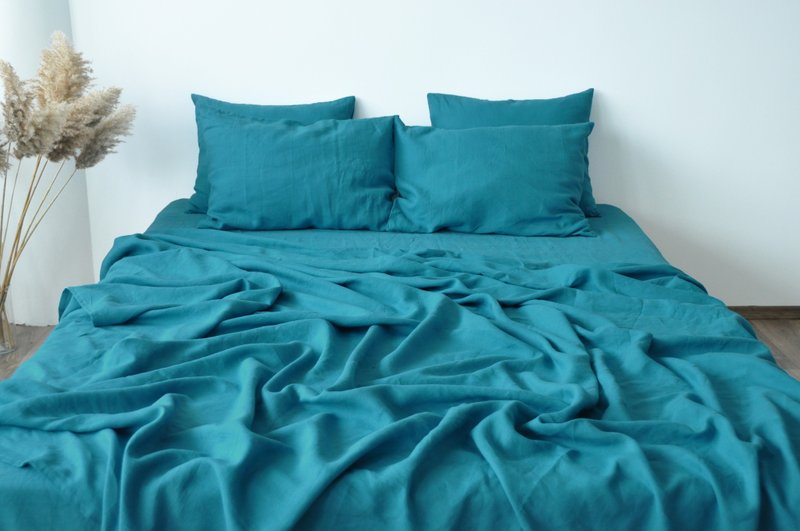 Sea wave linen sheet set / Flat+fitted sheet+2 pillowcases / Blue bedding - 寝具 - 亚麻 蓝色