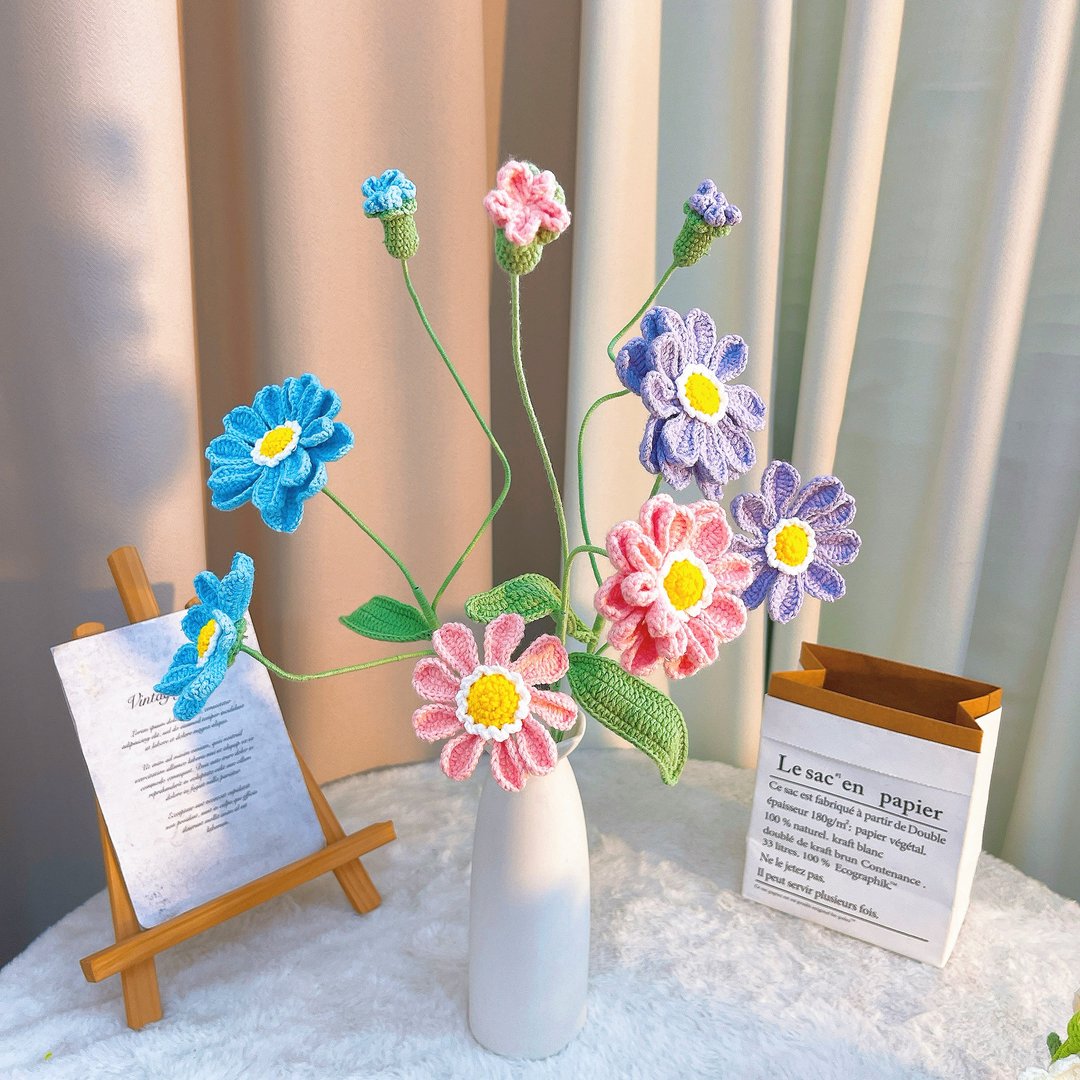 手作钩织永恒百日草双层花束花茎摆饰 - 干燥花/捧花 - 棉．麻 