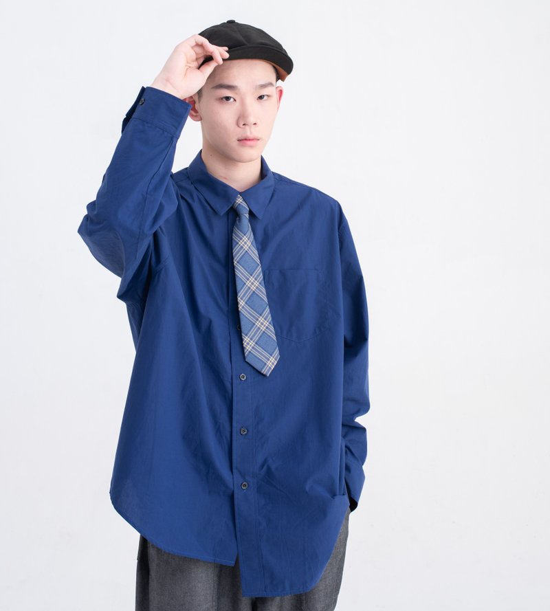 蓝色超宽松廓形长袖衬衫 男女同款 独立设计 日系休闲 不对称设计 - 男装衬衫 - 棉．麻 蓝色