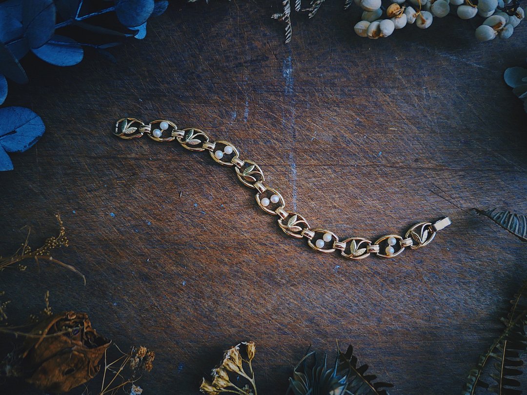 Krementz 珍珠刷纹小叶手链 - 美国古董首饰 Vintage Jewelry - 手链/手环 - 珍珠 