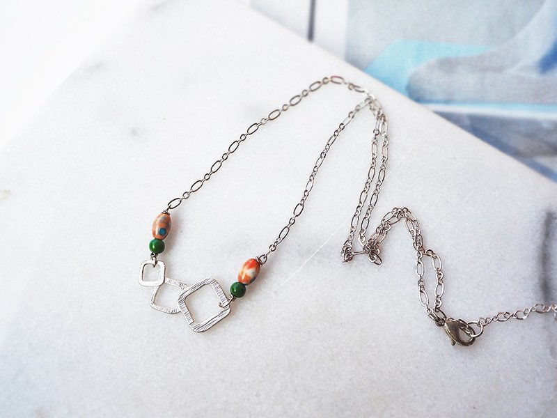 银色几何方块层叠项链 蓝砂石 染色松石 轻珠宝 P44 - 项链 - 其他金属 银色