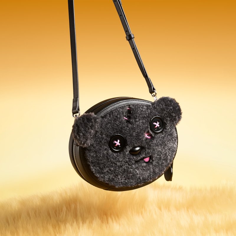 Minions 黑色Tim毛毛皮革斜背袋 - 侧背包/斜挎包 - 真皮 黑色