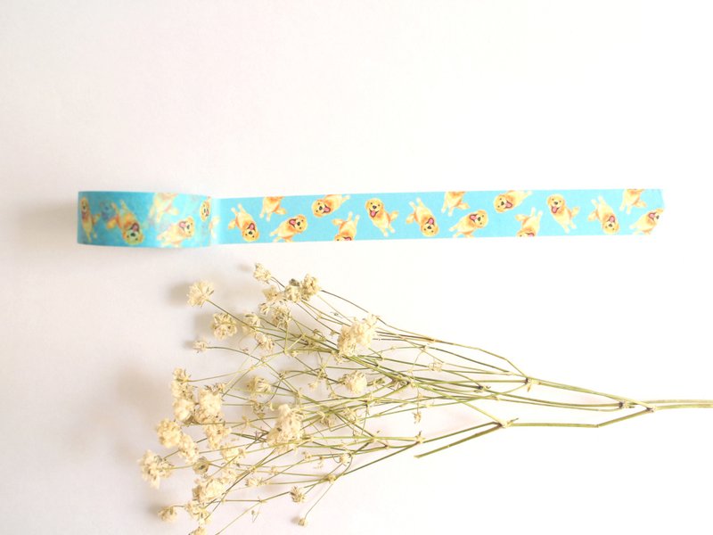 金毛寻回犬 黄金猎犬 小狗 纸胶带 15mm - 纸胶带 - 纸 蓝色