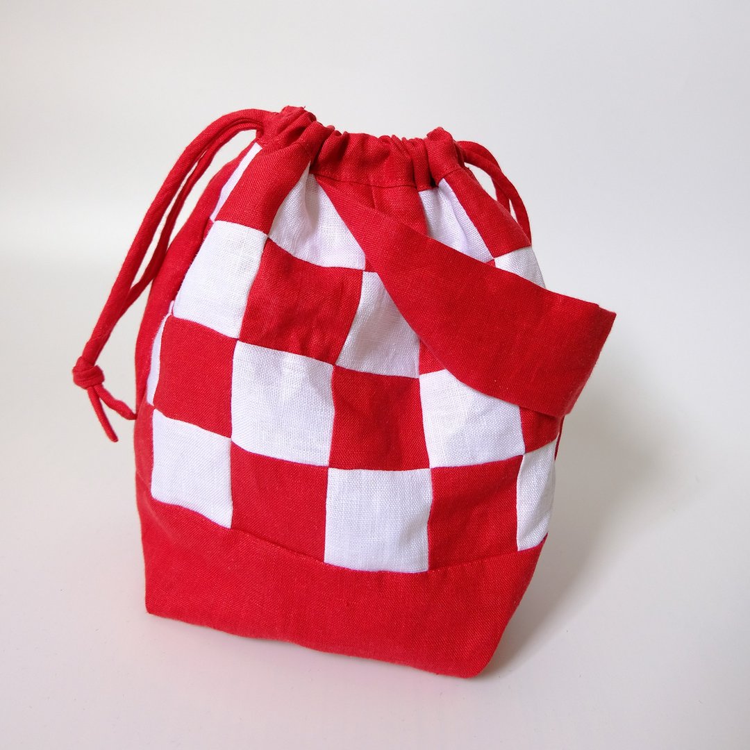 Checkered Patchwork Handbag : Red - 束口袋双肩包 - 棉 红色