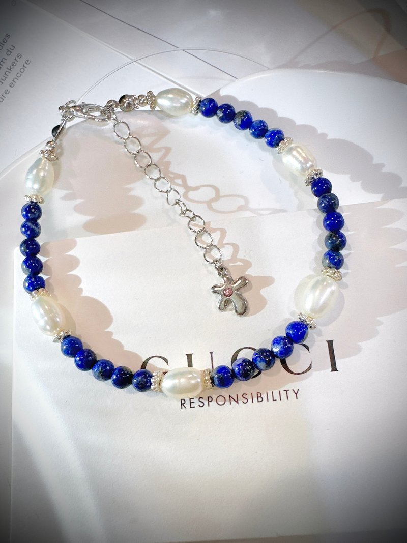 C&W 天然青金石日本进口天然淡水彩光鹅蛋型珍珠s925纯银手链 - 手链/手环 - 珍珠 蓝色