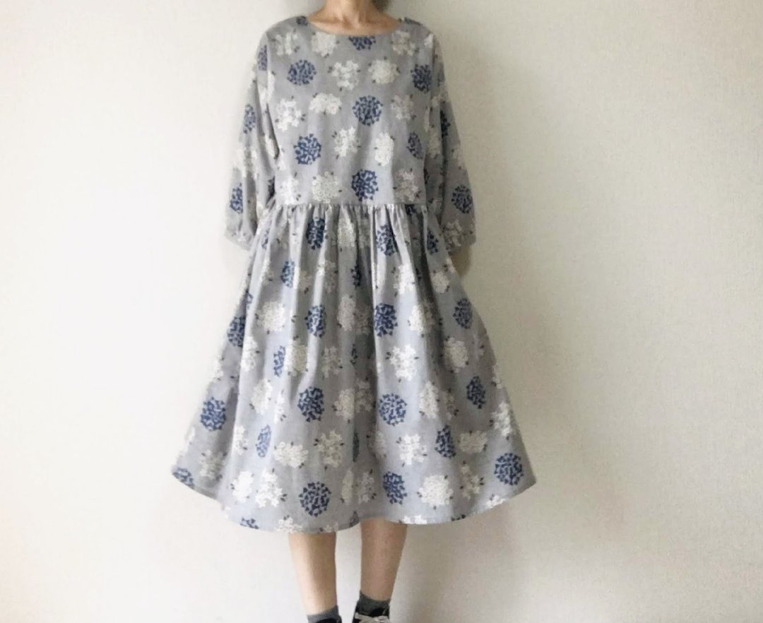 Ajisai three-quarter sleeve gather dress dress cotton linen - 洋装/连衣裙 - 棉 灰色