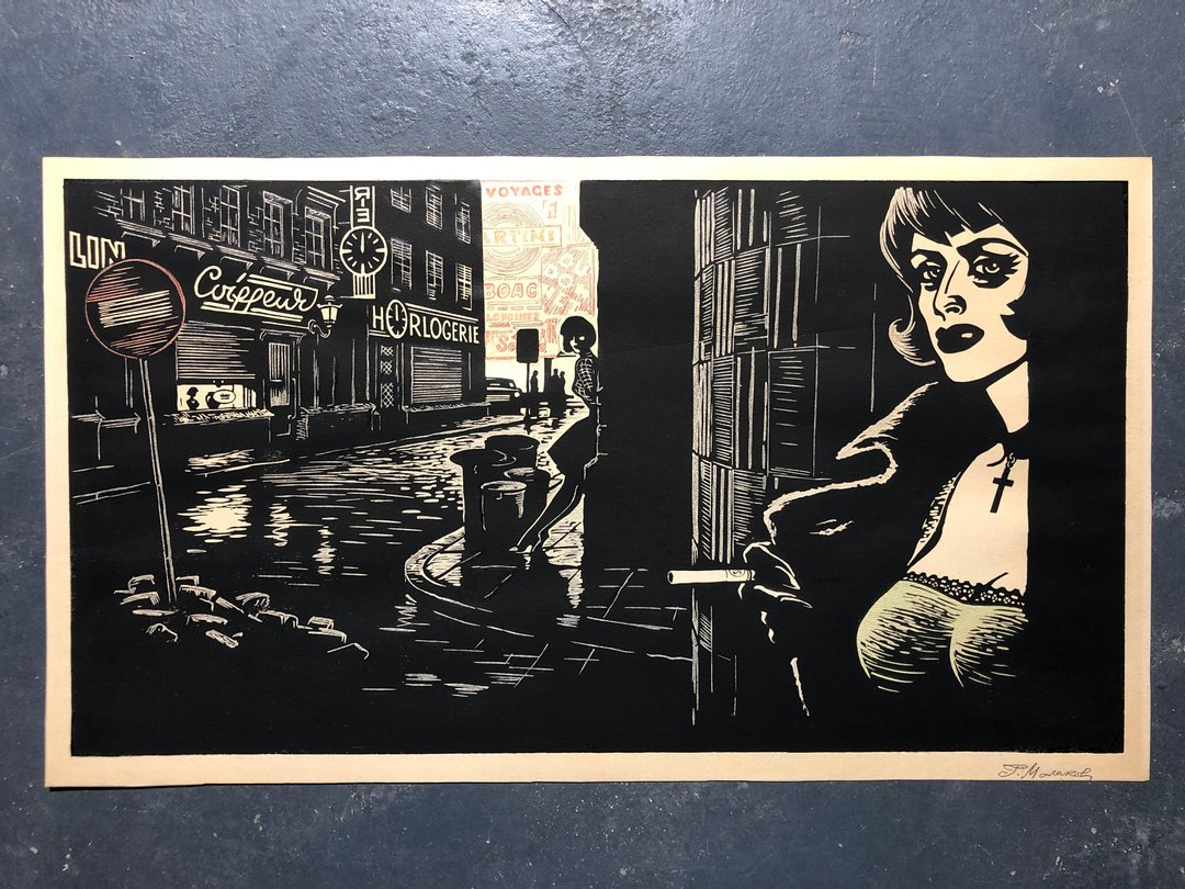 巴黎。红灯街，彩色石版画，城市景观，乔治·马拉科夫，1962 年 - 海报/装饰画/版画 - 纸 