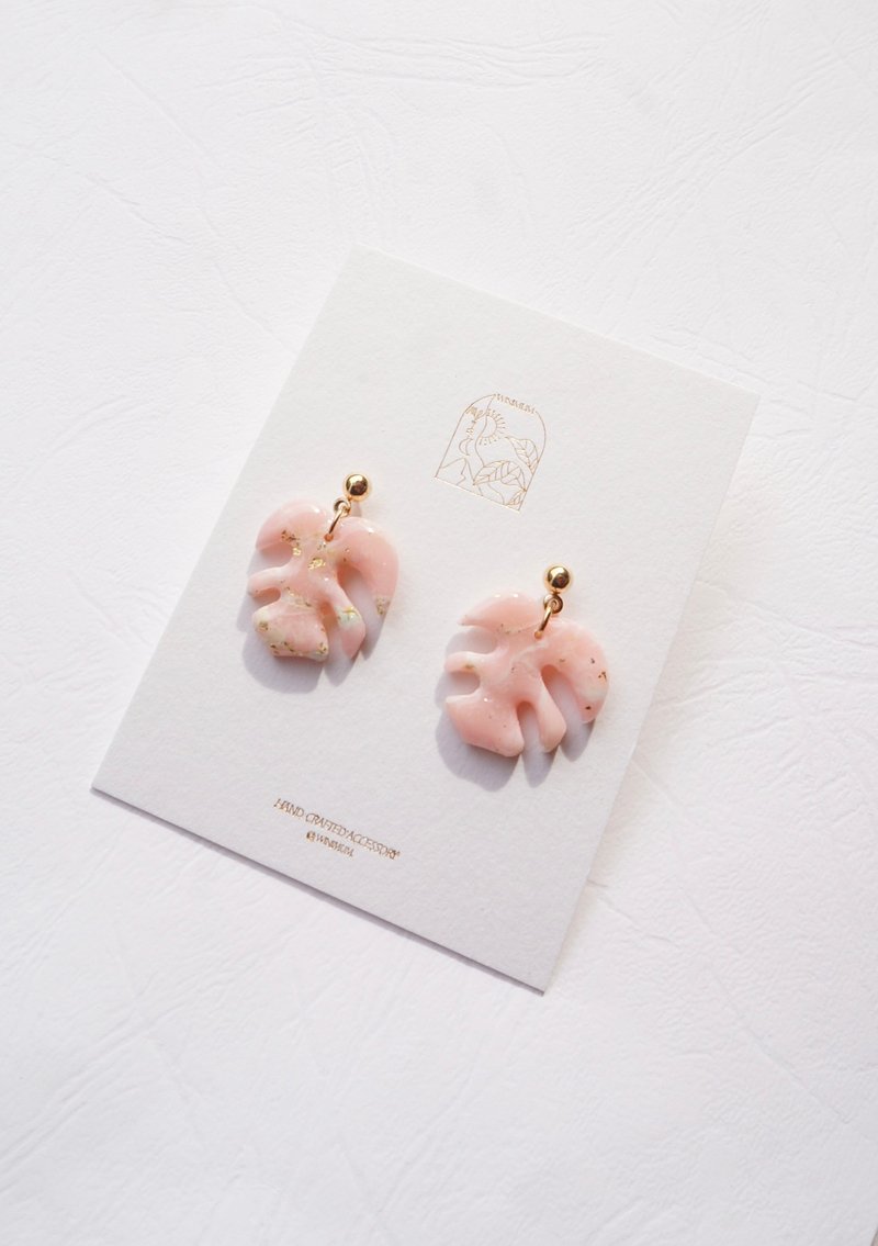 winimum 软陶耳环# 粉色龟背芋 梦幻大理石质感 - 耳环/耳夹 - 粘土 粉红色