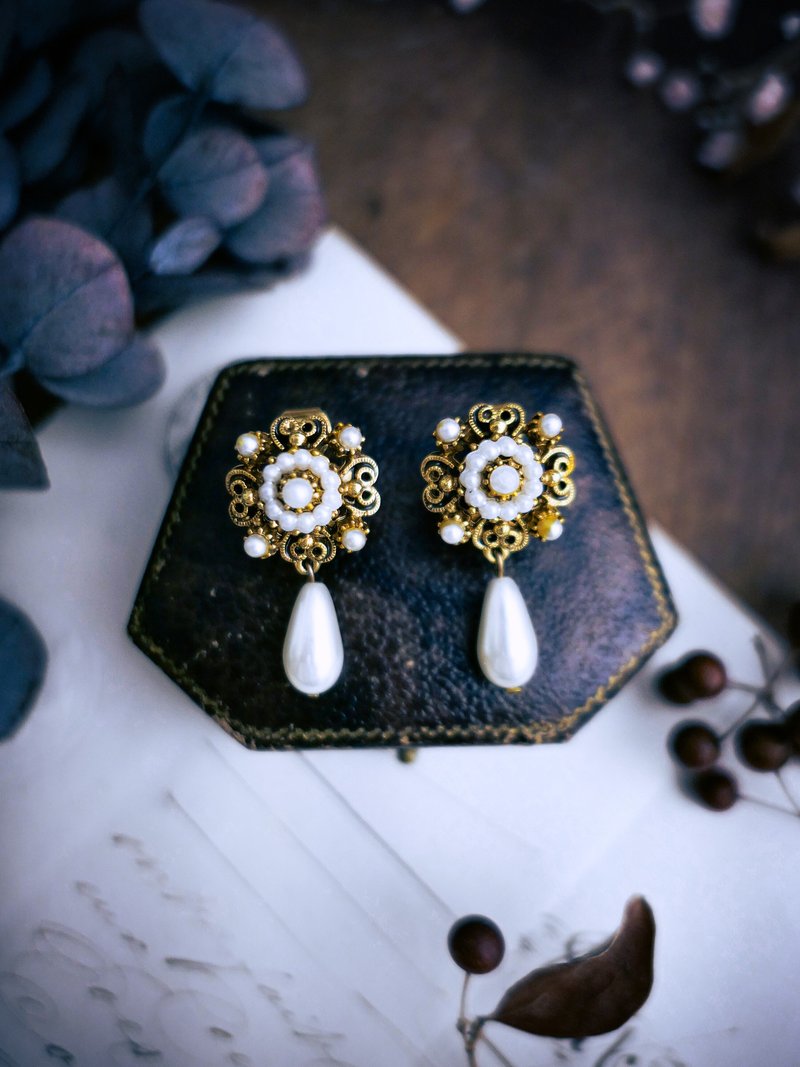 Florenza 珍珠掐丝捕梦网垂坠耳环-美国古董首饰 Vintage Jewelry - 耳环/耳夹 - 其他金属 