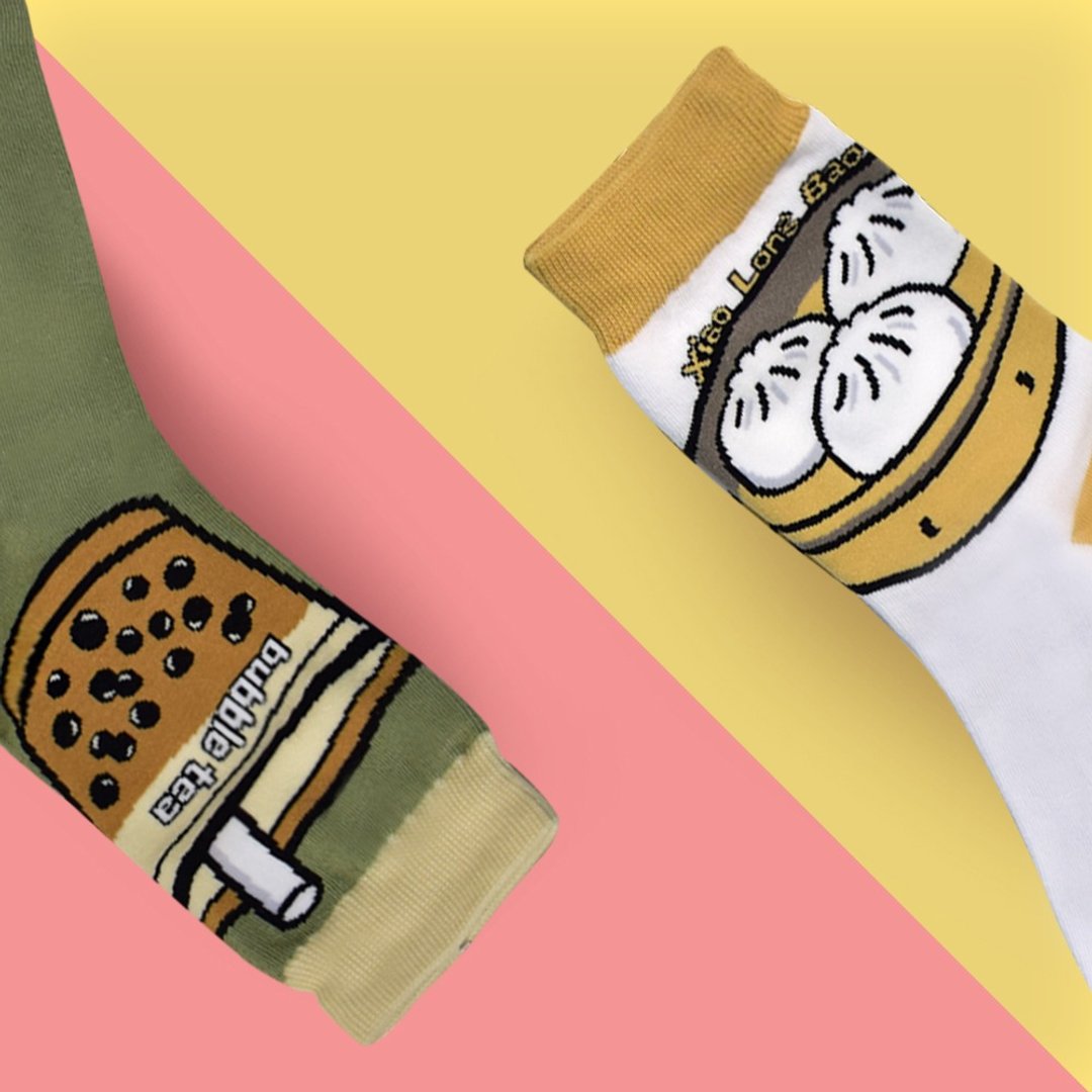 双袜组-珍珠奶茶Bubble Tea SOCKS+小笼包袜Dumplings SOCKS - 袜子 - 棉 蓝色
