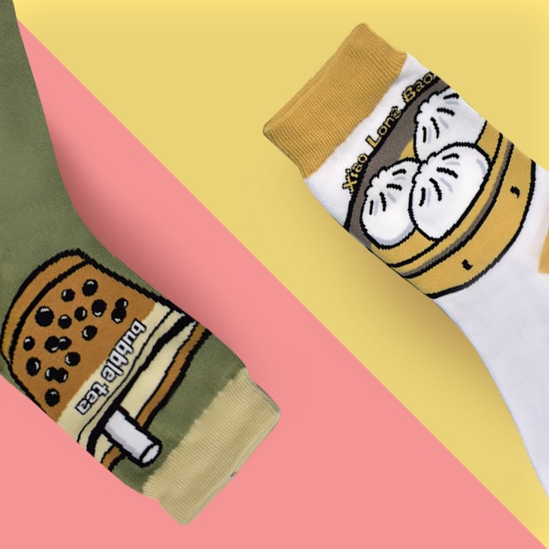 双袜组-珍珠奶茶Bubble Tea SOCKS+小笼包袜Dumplings SOCKS - 袜子 - 棉．麻 蓝色