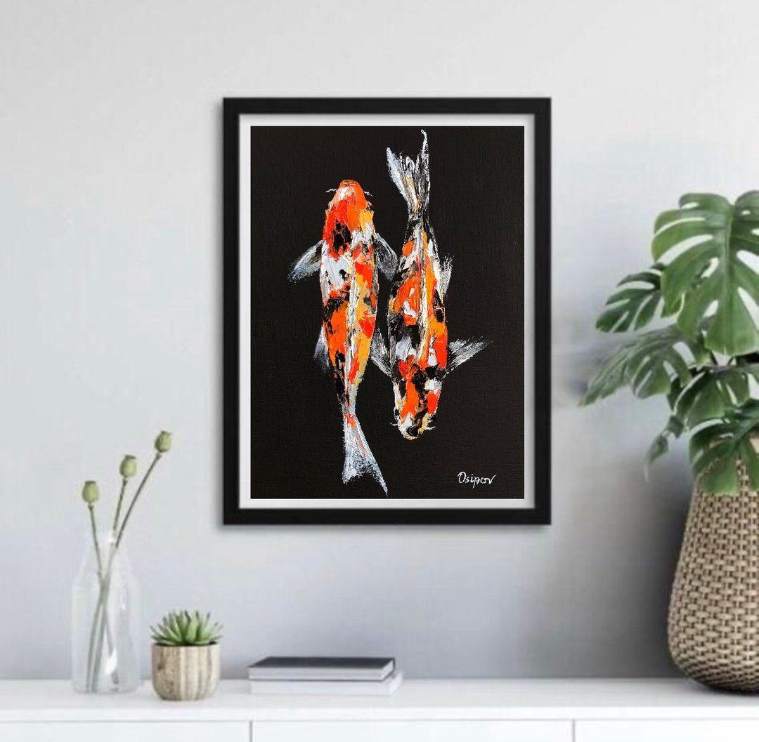 Original Oil Painting On Canvas Koi Fish Painting Rainbow Fish Impasto Artwork - 墙贴/壁贴 - 棉 多色