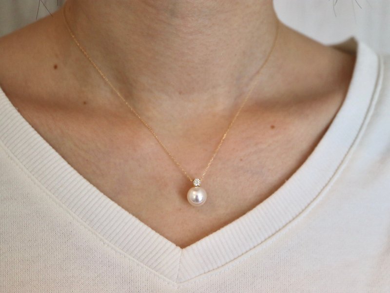 日本直送 王妃款 8.5mmAkoya海水珍珠吊坠项链 18k黄金 天然钻石 - 项链 - 珍珠 白色