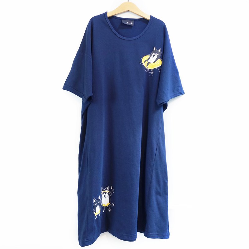 Urb.【游泳猫】拼接口袋洋装 (深蓝) - 洋装/连衣裙 - 棉．麻 蓝色