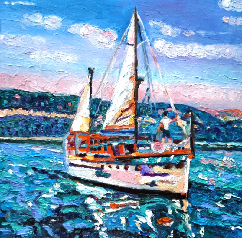 Seascape Oil Painting, Handmade Original Art, Boat Painting,Oil On Canvas - 墙贴/壁贴 - 其他材质 蓝色