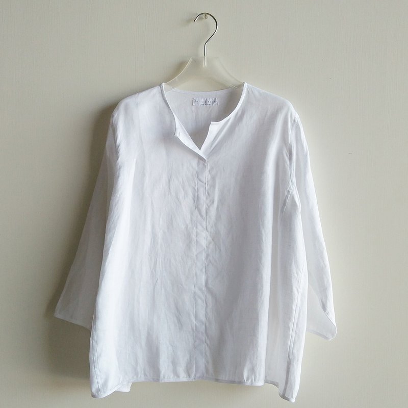 小V领八分袖衫  亚麻  白/米白色-偏黄 - 女装上衣 - 棉．麻 白色