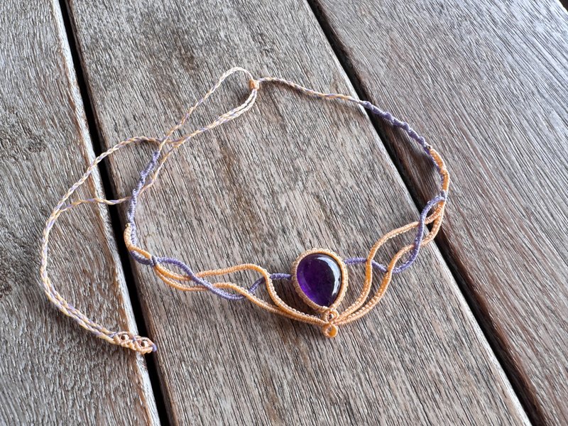 250524 Macrame 紫水晶 编织 颈链 - 项链 - 半宝石 紫色