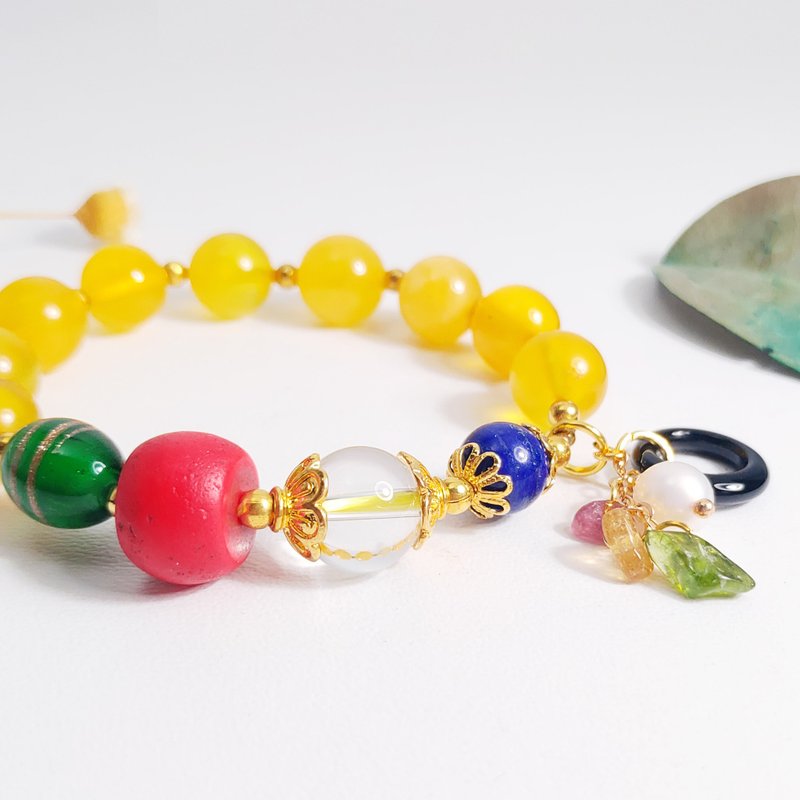 琥珀蜜蜡 西藏雪巴珠琉璃 五行彩虹 多宝石 收藏手链 单品 礼物 - 手链/手环 - 宝石 多色