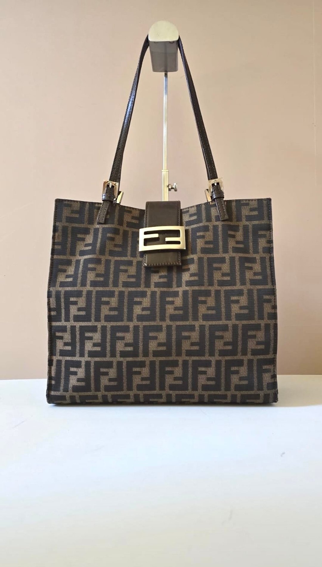 绝版古董包 稀有 Fendi 黑咖啡色老花侧背包 单肩包 托特包 中古 - 侧背包/斜挎包 - 尼龙 咖啡色