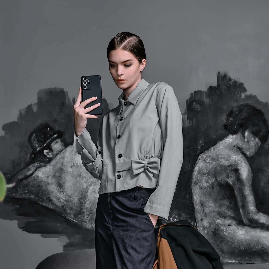 蝴蝶结开扣羊毛外套 - 女装休闲/机能外套 - 羊毛 灰色