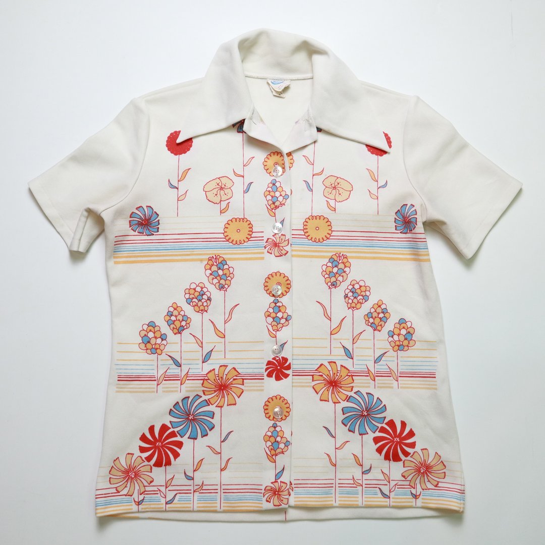 富士鸟古着 70s 美国制 箭领手绘印花衬衫 大尖领 古着衬衫 - 女装 T 恤 - 聚酯纤维 白色