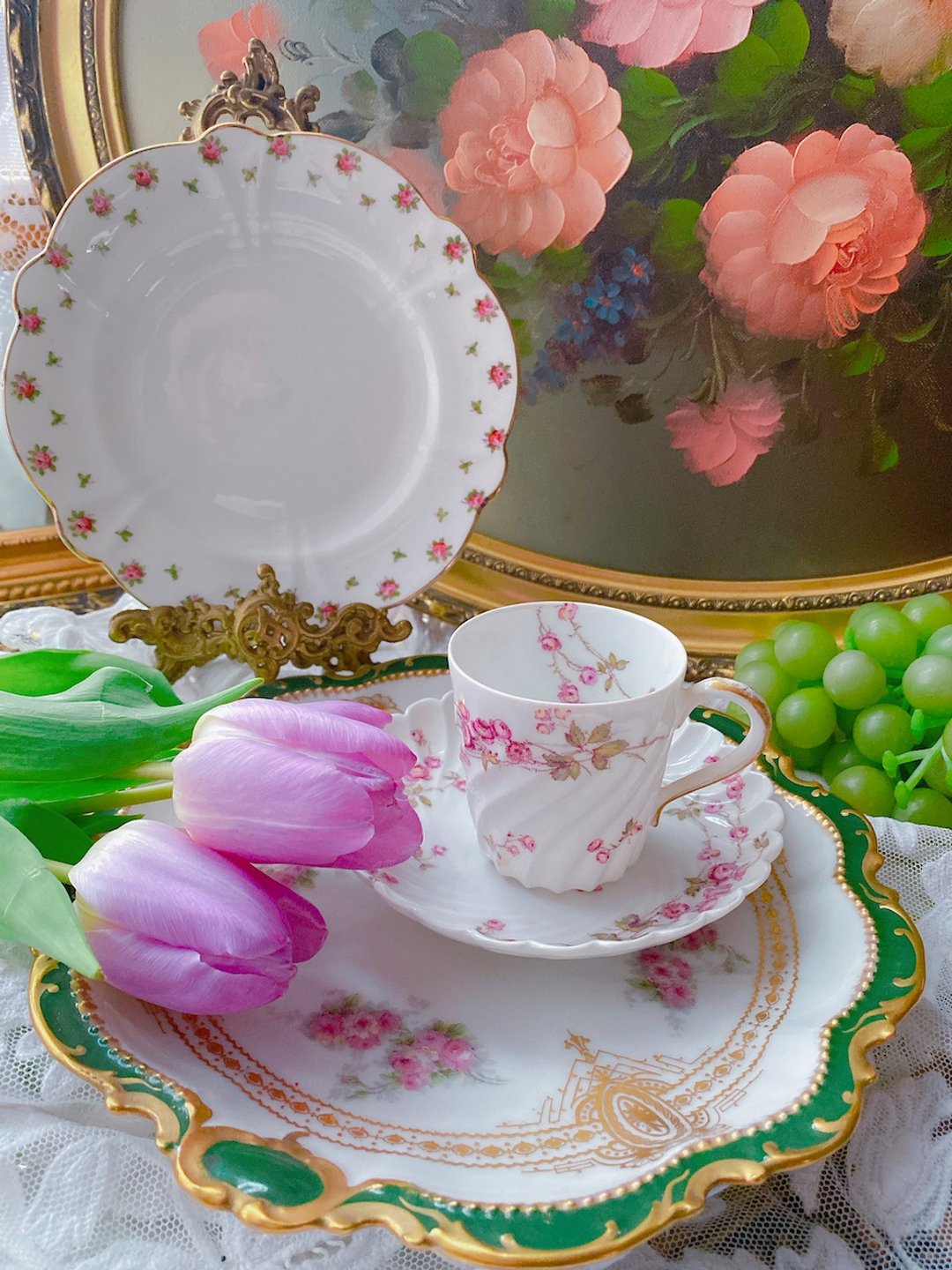 1900年法国Limoges 手绘玫瑰螺旋古董杯咖啡杯花茶杯值得收藏 - 茶具/茶杯 - 瓷 粉红色