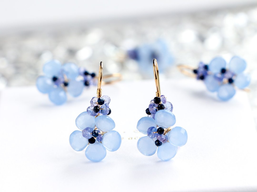 14kgf-Sea blue flower pierced earrings Impossible earrings - 耳环/耳夹 - 贵金属 蓝色