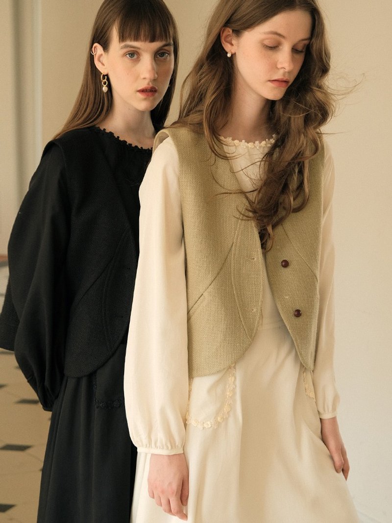 MintCheese 法式复古 弧线设计感 秋冬混搭马甲小背心 羽黑/驼绿 - 女装背心 - 聚酯纤维 绿色