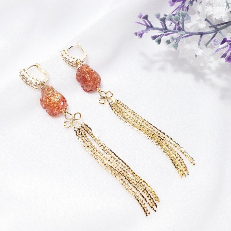 天然 顶级 闪耀 金太阳石 龙龟 招财 助事业 祈愿 开运 流苏 耳环 - 耳环/耳夹 - 宝石 橘色