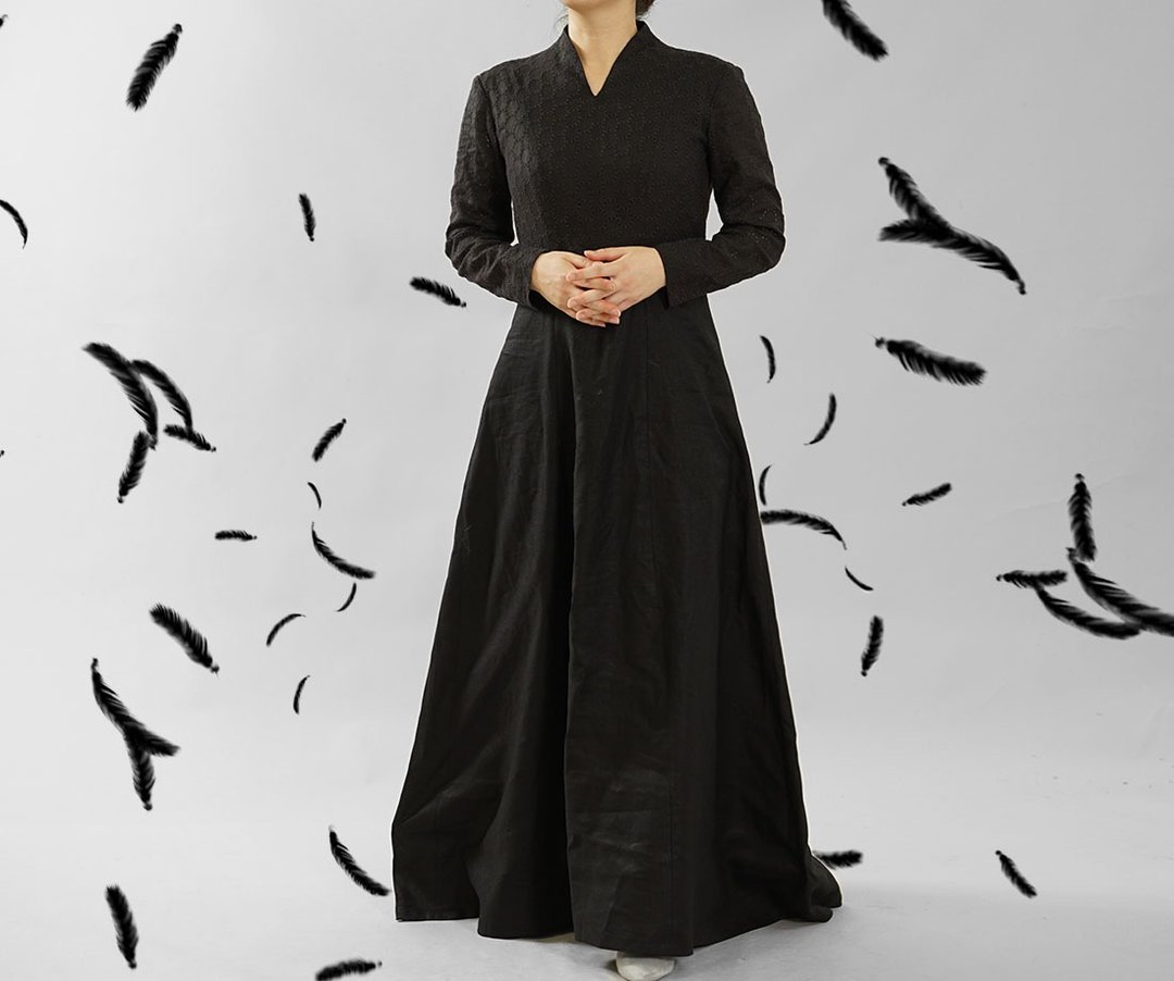 wafu Linen dress / lace / long sleeves / long length / A-line / black a092a-bck2 - 洋装/连衣裙 - 棉 黑色