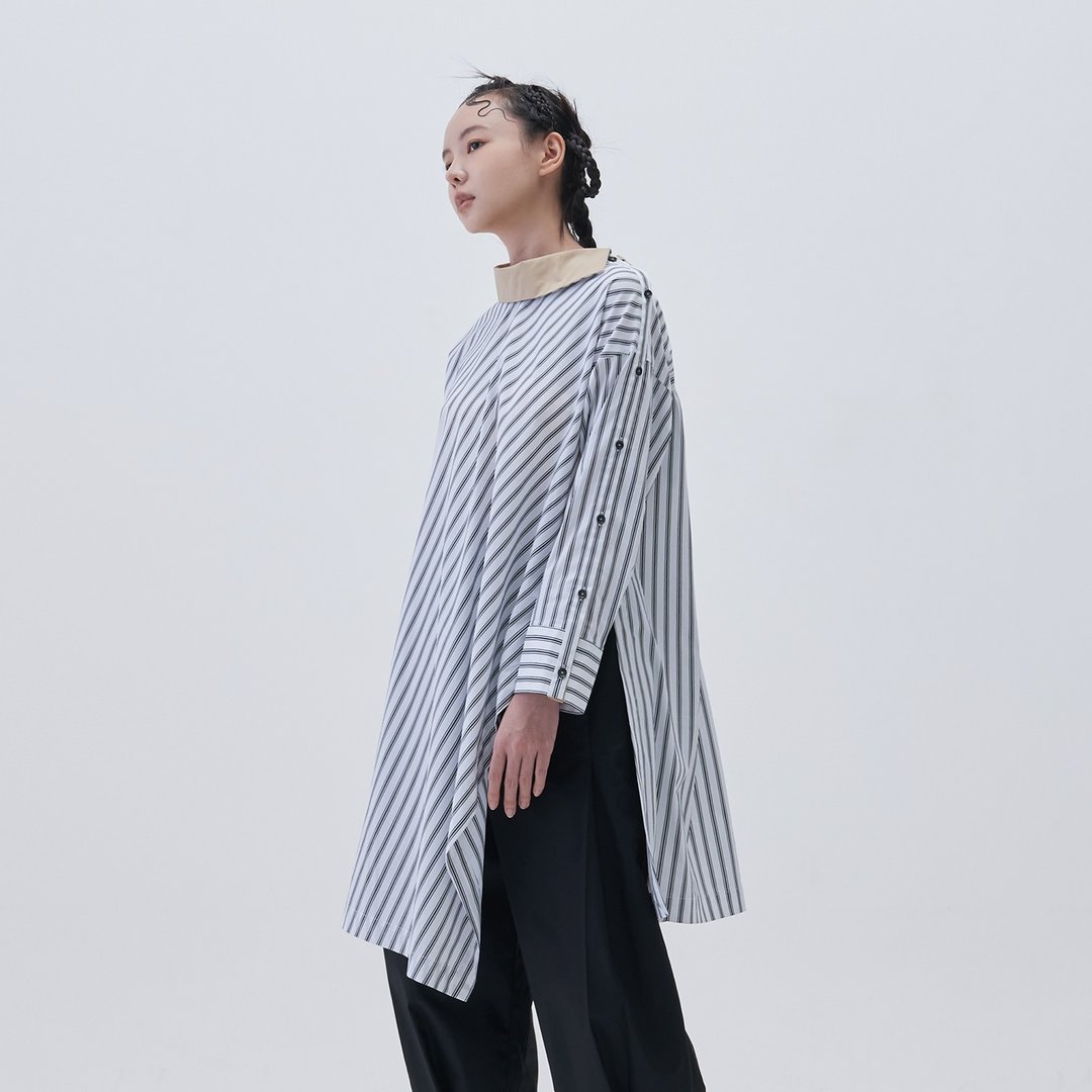 侧肩扣条纹长衬衫 - 女装衬衫 - 棉 多色
