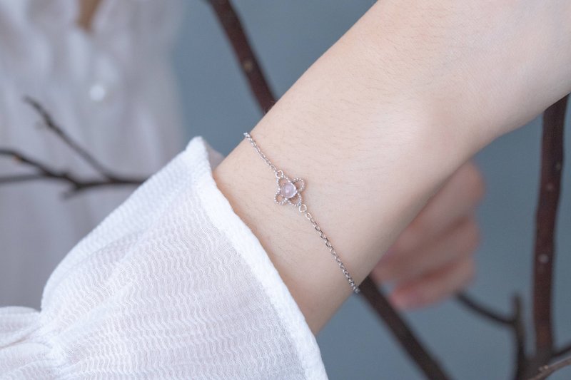 粉晶925纯银四叶幸运草手链 - 手链/手环 - 宝石 银色