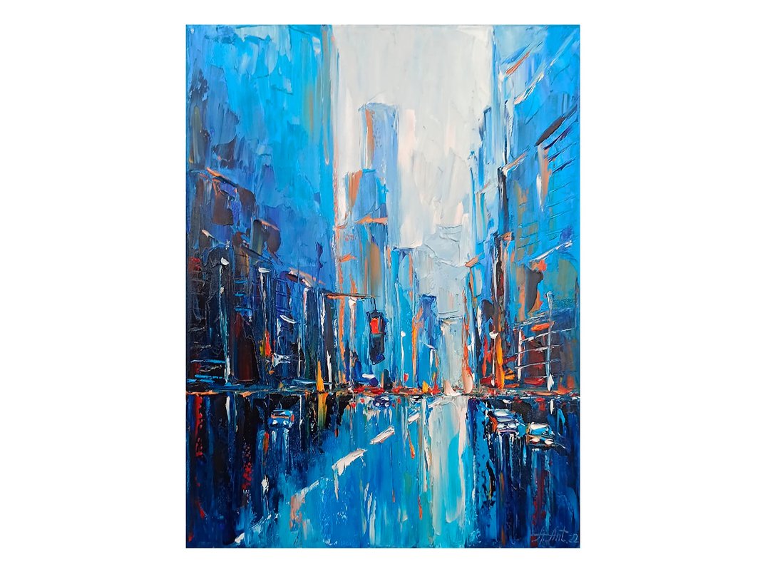 纽约市绘画多雨城市墙壁艺术晚会城市原创艺术天际线艺术品帆布城 - 海报/装饰画/版画 - 棉 蓝色