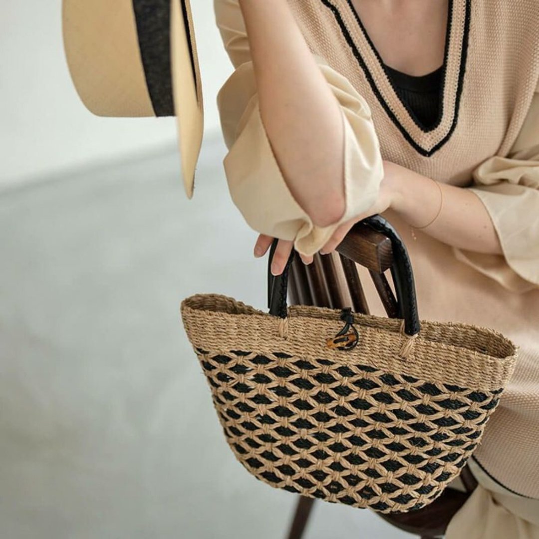 藤编包 Abaca 皮革把手 真皮 女士手提包 推荐 优雅 夏季 - 手提包/手提袋 - 棉 多色