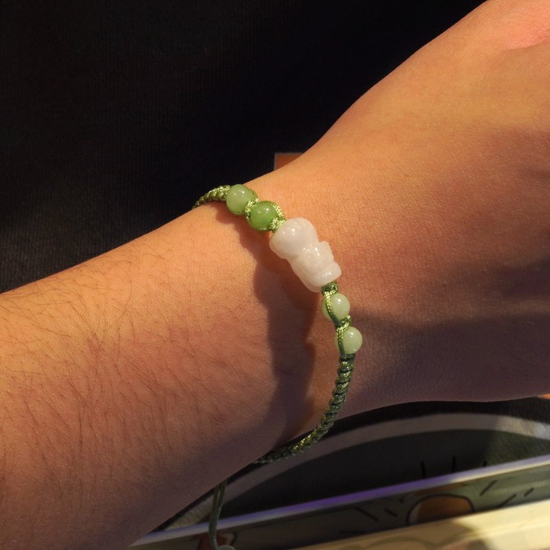 【招财神兽】白翡翡翠貔貅编织手链 | 天然缅甸玉翡翠A货 | 送礼 - 手链/手环 - 玉石 白色