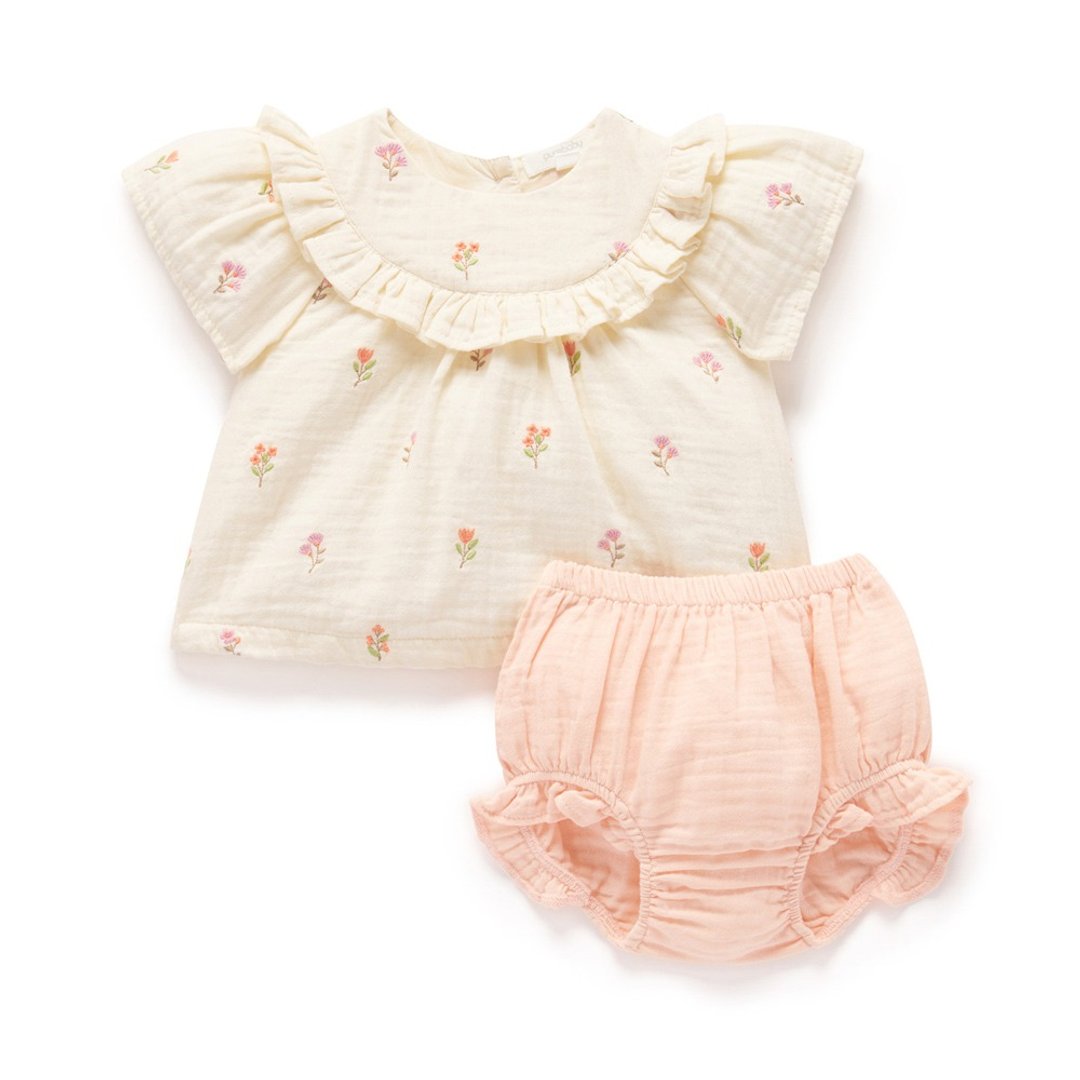 澳洲Purebaby有机棉女童短上衣裤套装6M-2T 杏色绣花 - 童装上衣 - 棉．麻 