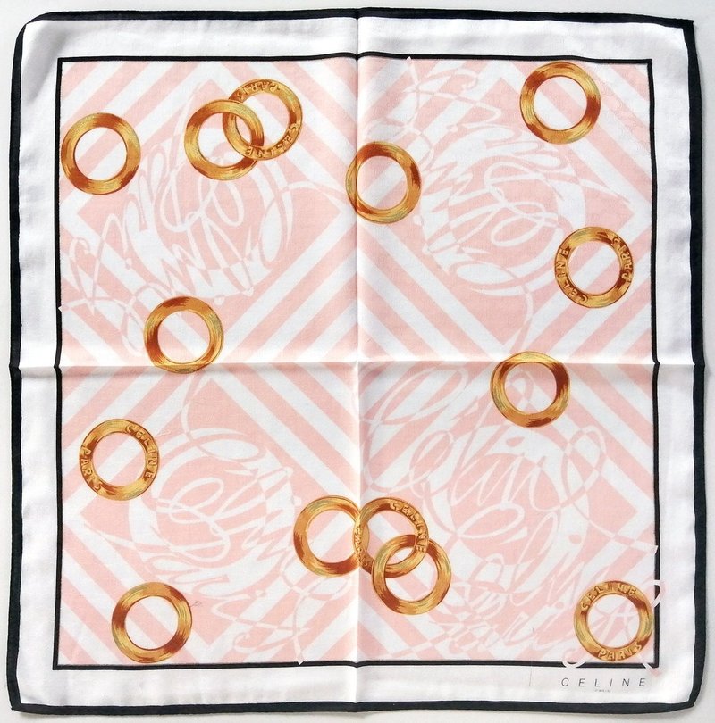 Celine 复古丝巾 - 金色交织圆环图案 粉色 22.5 x 22.5 英寸 - 丝巾 - 棉．麻 粉红色