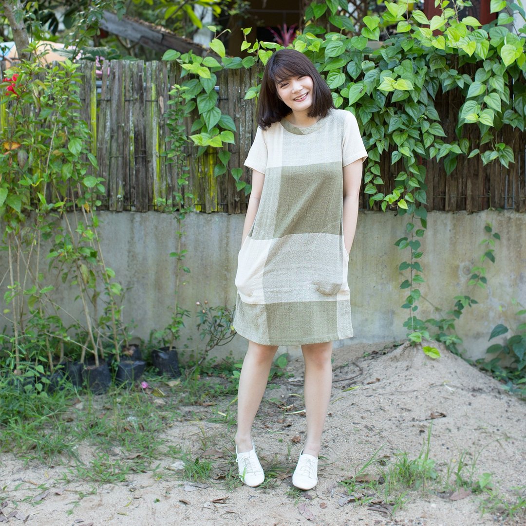 Zen Garden #5 / Green Plaid Round Neck Short Sleeve Knee Length Dresses  - 洋装/连衣裙 - 棉 绿色