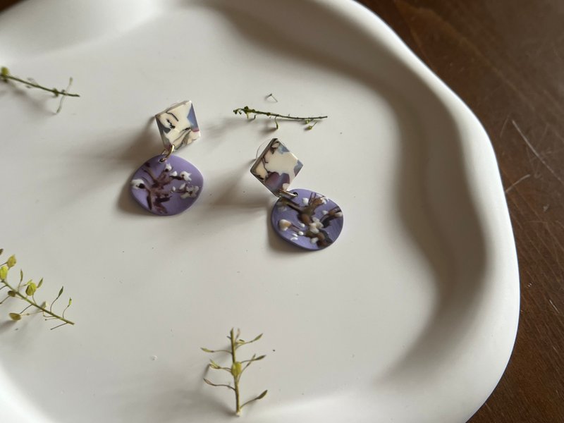 杏花微雨 - 耳环/耳夹 - 铜/黄铜 紫色