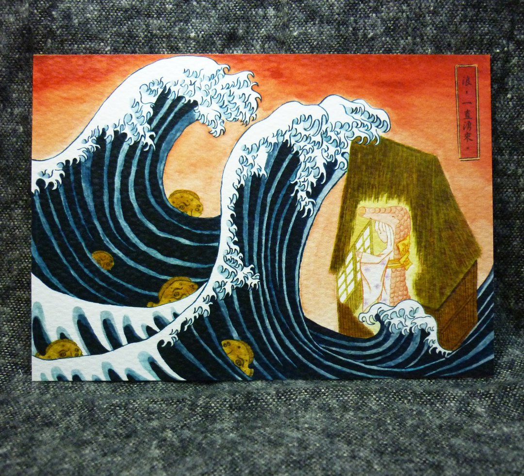 穿山甲女孩“浪，一直涌来。”疗愈系插画明信片 - 卡片/明信片 - 纸 蓝色