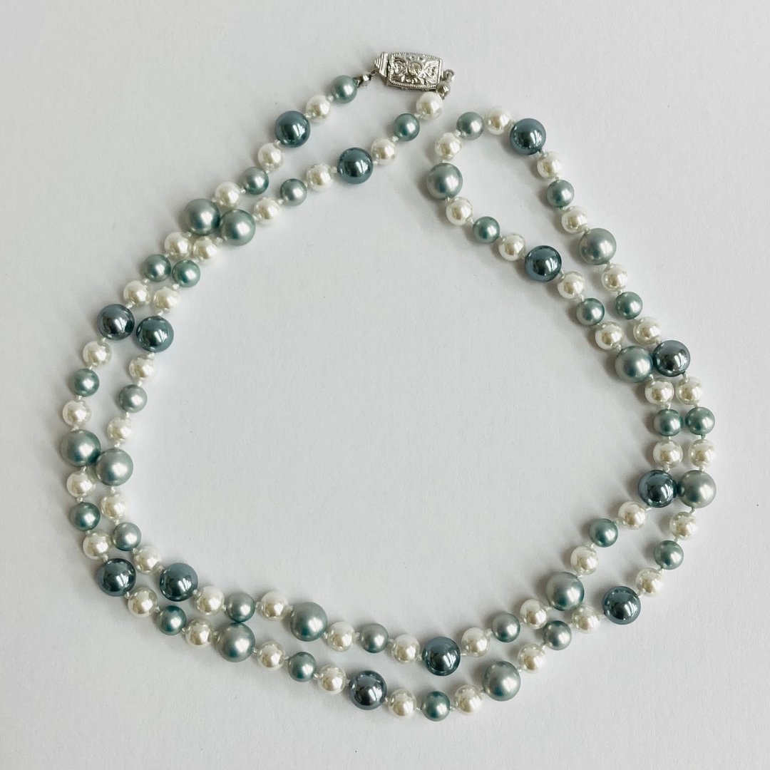 玻璃混色珍珠 All-knot 歌剧院式项链 / 6x8mm 约80cm / 蓝色混色 / made in japan - 项链 - 玻璃 蓝色
