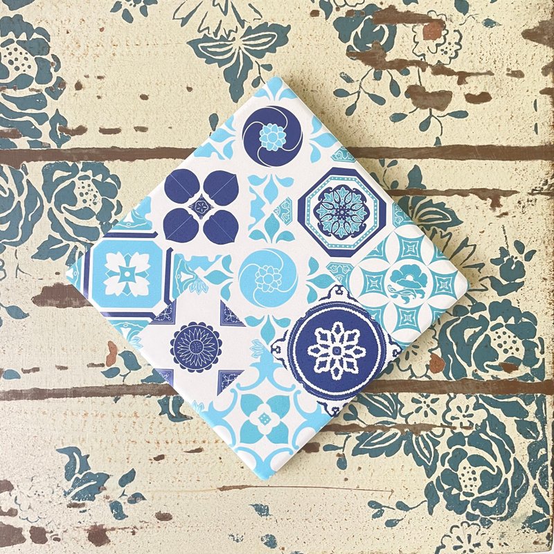 百花系列 ∣ 海岛 花砖吸水杯垫 - 杯垫 - 陶 蓝色